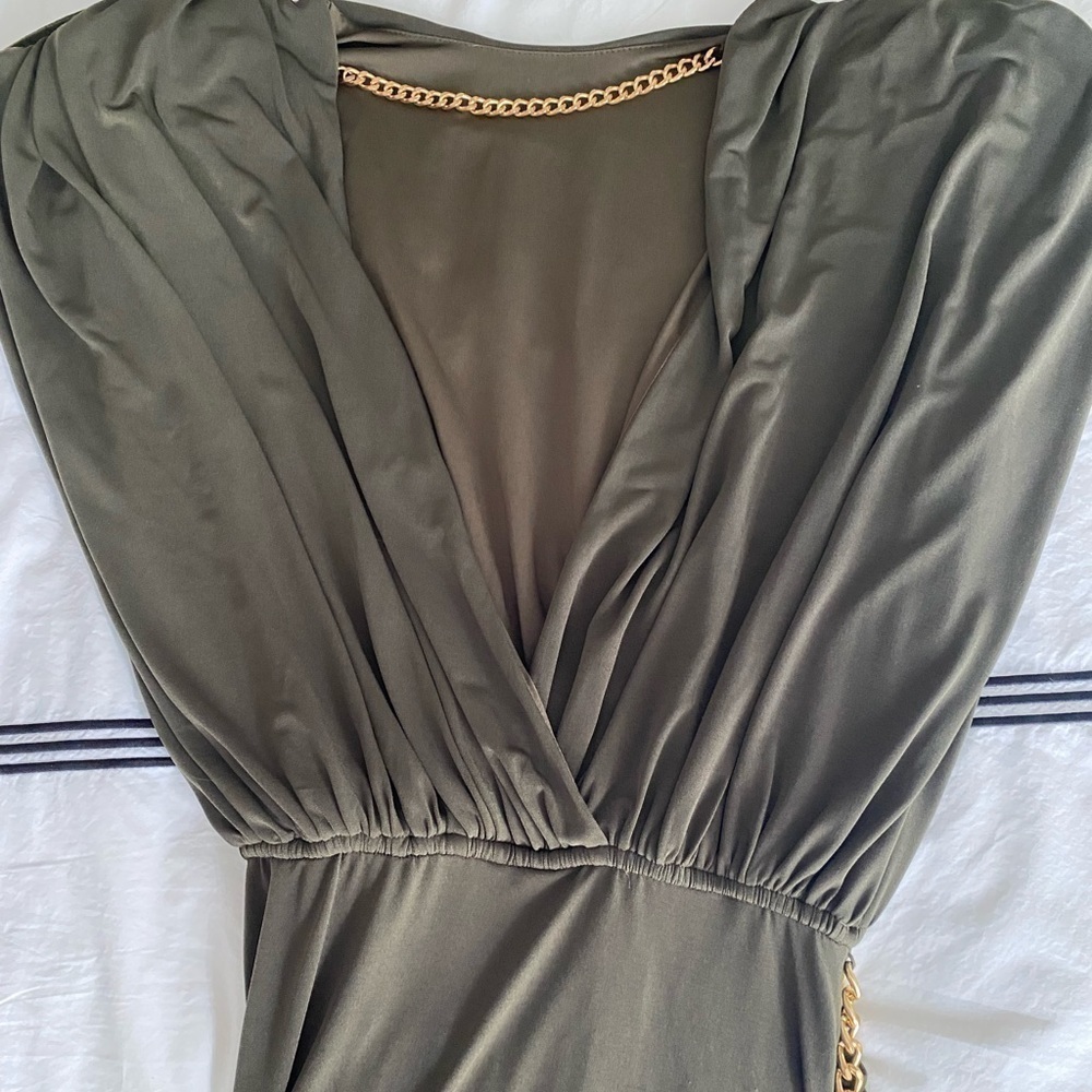 Retrofete- Olive Green “Chessie” Mini Bodycon Dress with Gold Chain Detail - Picture 10 of 14